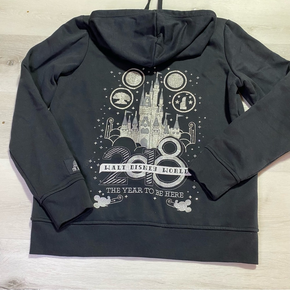 Disney Parks Disney World 2018 Full Zip Hoodie Black w/Front & Back Graphic, L